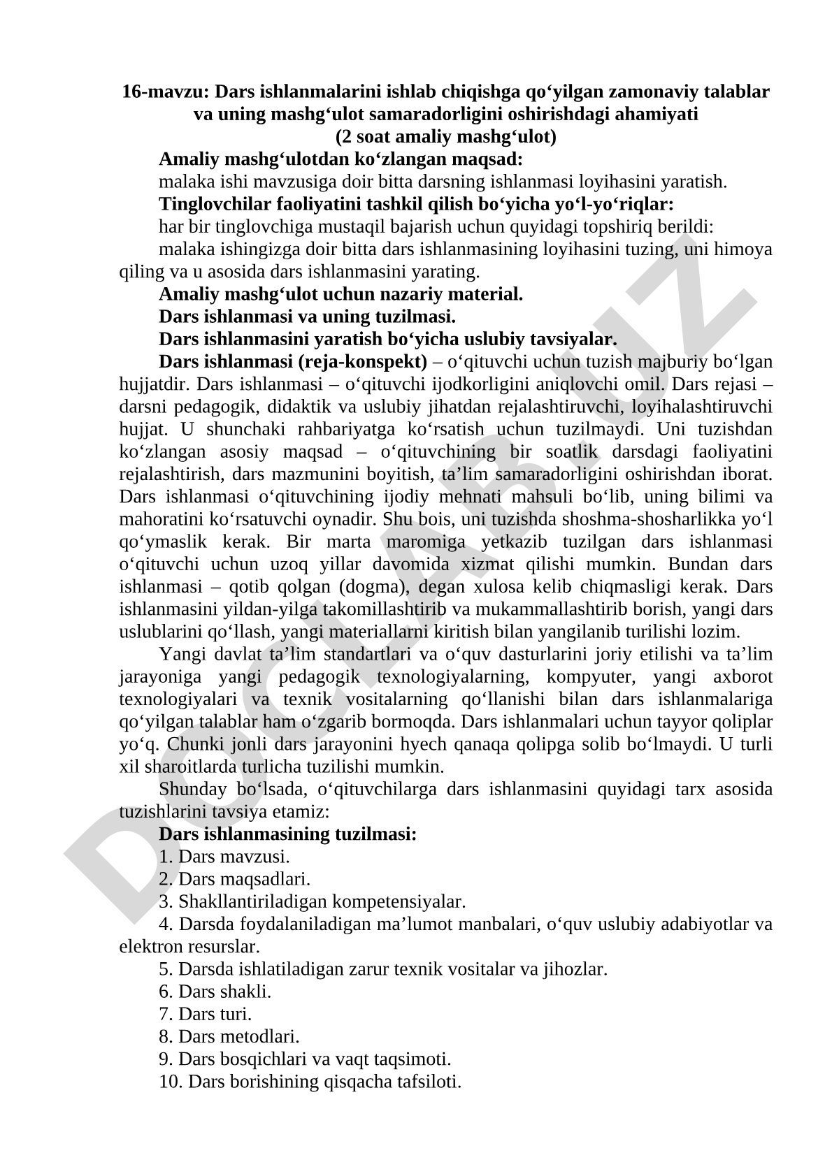 Dars ishlanmalarini ishlab chiqishga qo‘yilgan zamonaviy talablar va uning mashg‘ulot samaradorligini oshirishdagi ahamiyati