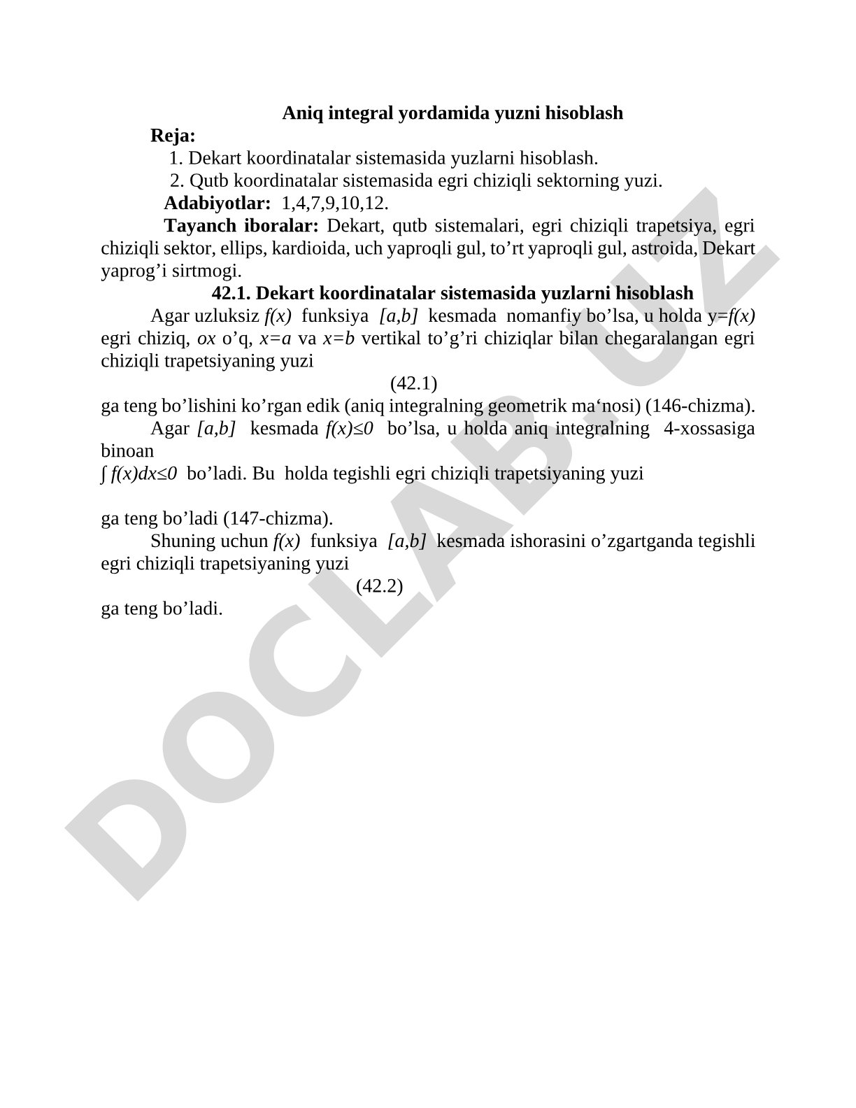 Aniq integral yordamida yuzni hisoblash