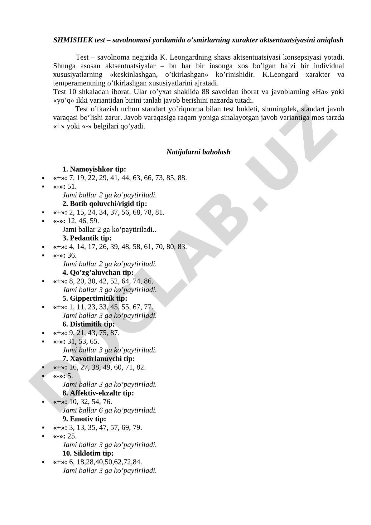 Shmishek test – savolnomasi yordamida o’smirlarning xarakter aktsentuatsiyasini aniqlash