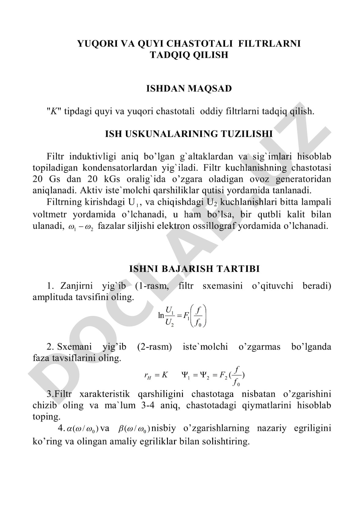 K tipdagi quyi va yuqori chastotali oddiy filtrlarni tadqiq qilish