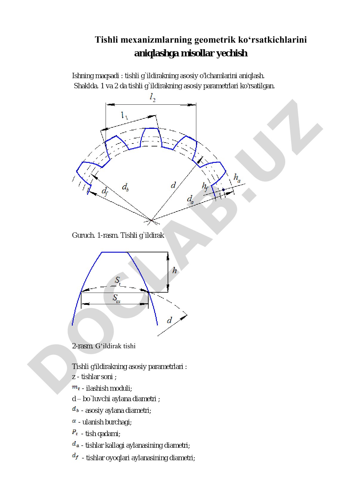 Tishli mexanizmlarning geometrik ko'rsatkichlarini aniqlashga misollar yechish