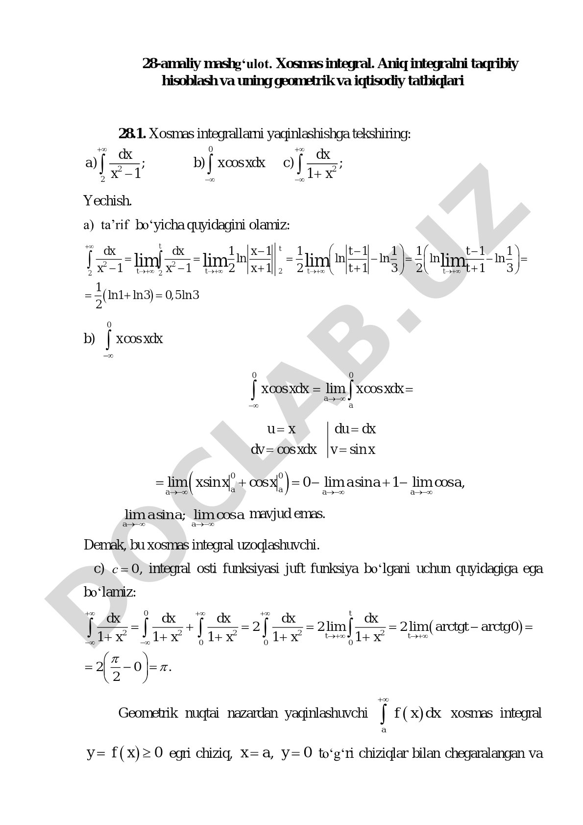 Xosmas integral. Aniq integralni taqribiy hisoblash va uning geometrik va iqtisodiy tatbiqlari