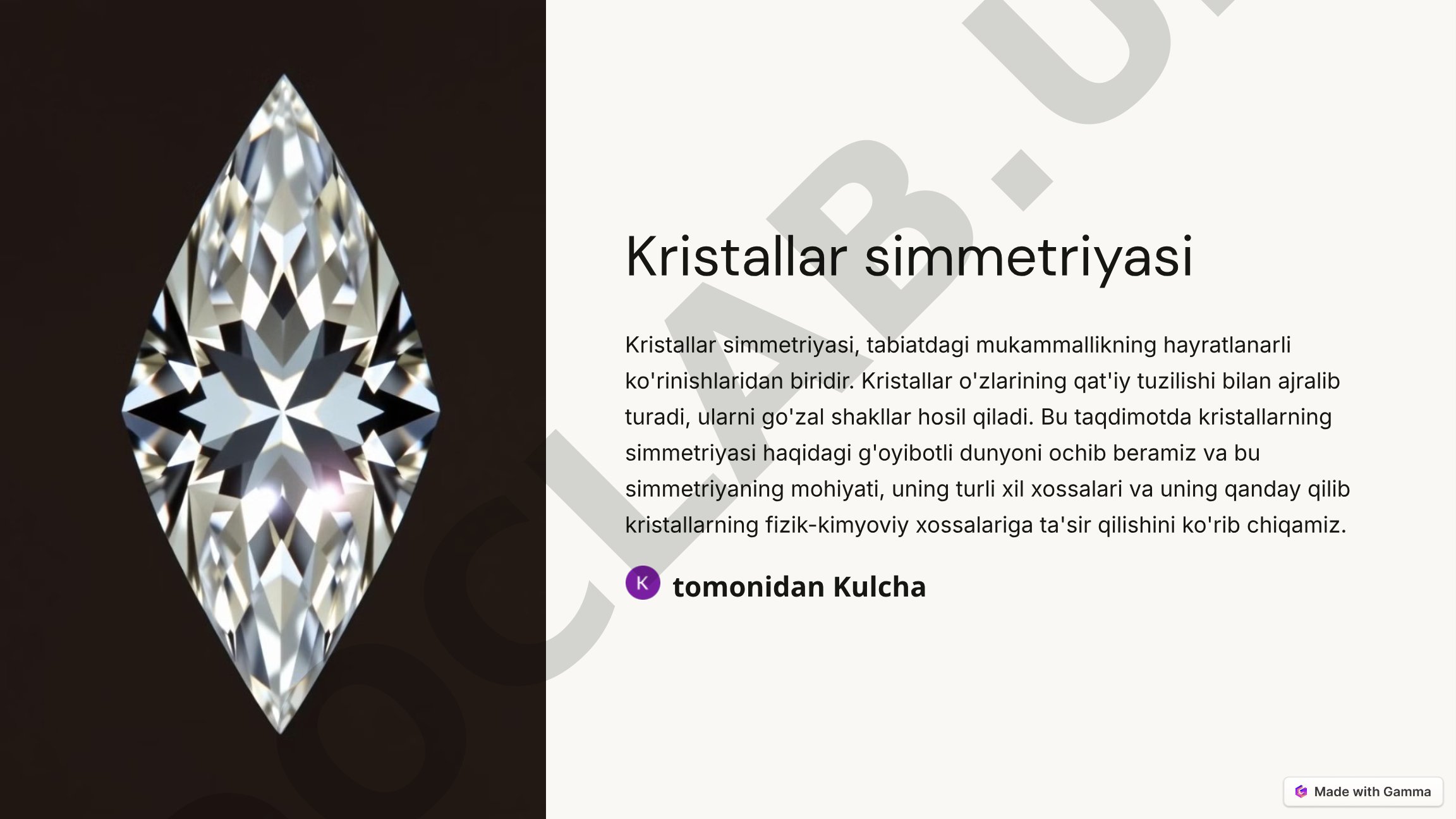 Kristallarning simmetriya turlari, operatorlari va ularning xossalari haqida taqdimot