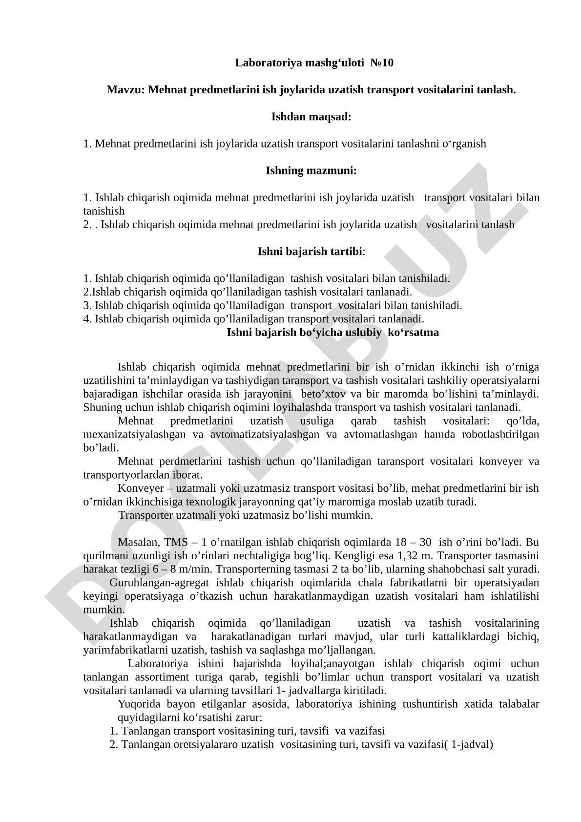 Mehnat predmetlarini ish joylarida uzatish transport vositalarini tanlash