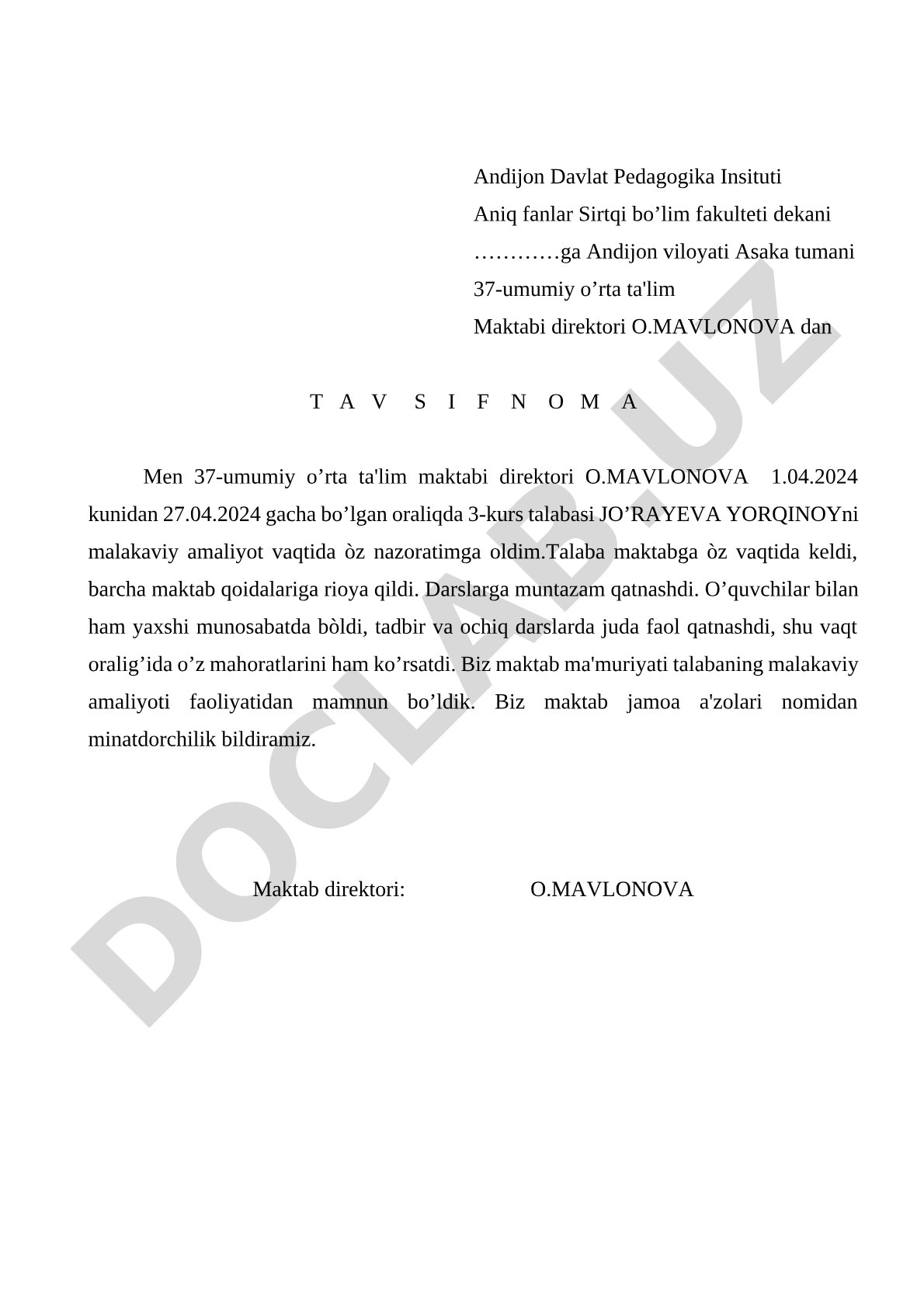 Jo'rayeva Yorqinoyning 37-maktabdagi malakaviy amaliyoti