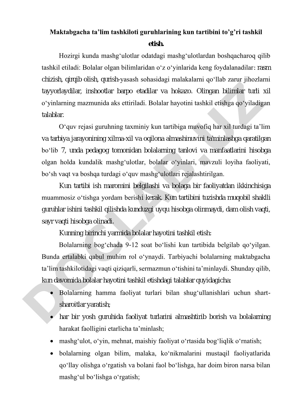 Maktabgacha ta’lim tashkiloti guruhlarining kun tartibini to’g’ri tashkil etish