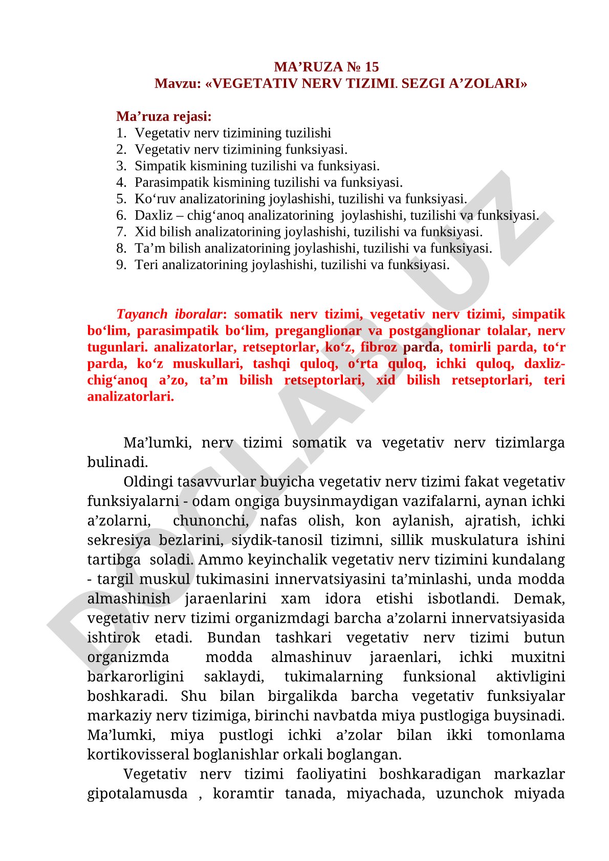 Vegetativ nerv tizimi. Sezgi a’zolari