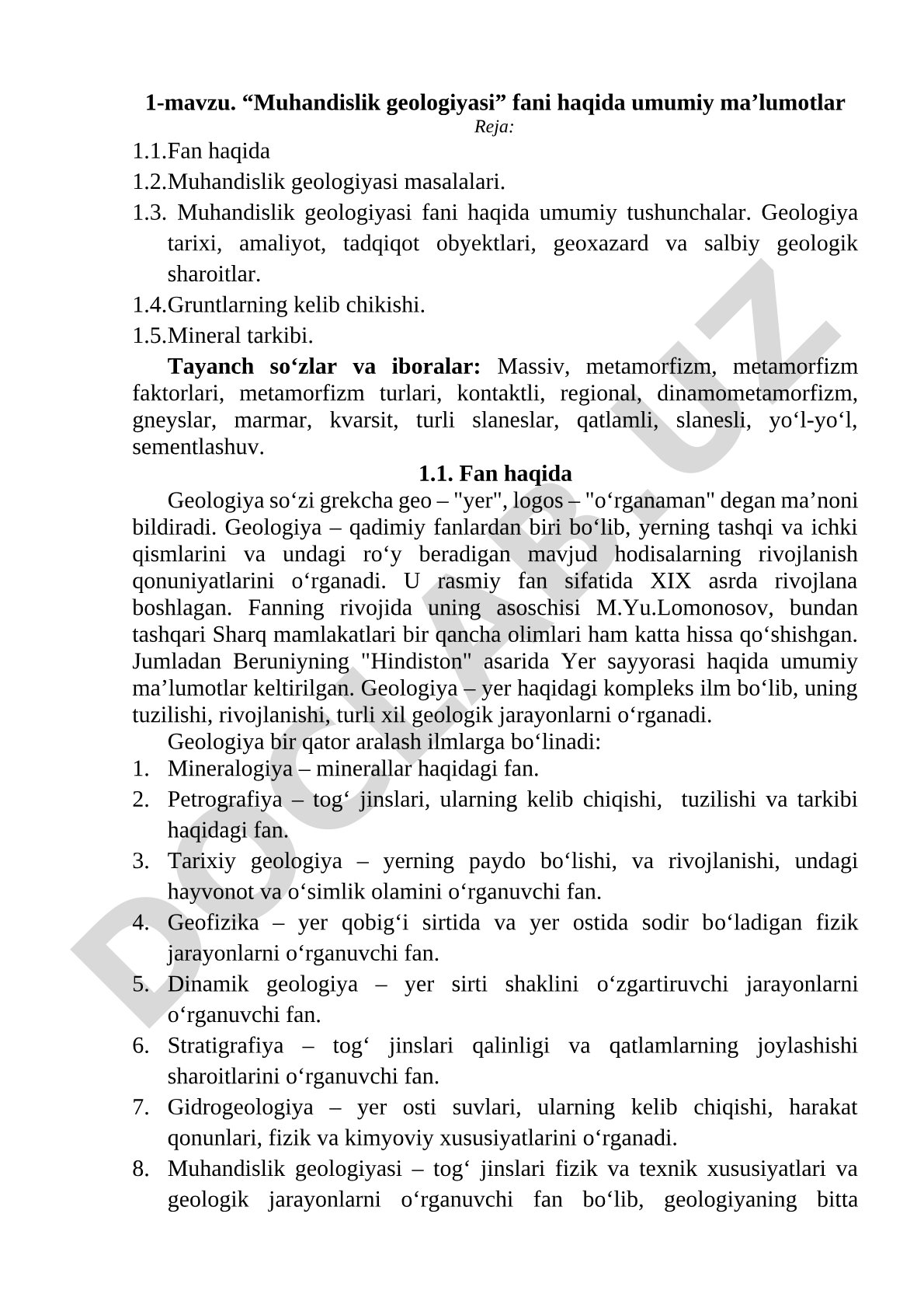 Muhandislik geologiyasi fani haqida umumiy ma'lumotlar