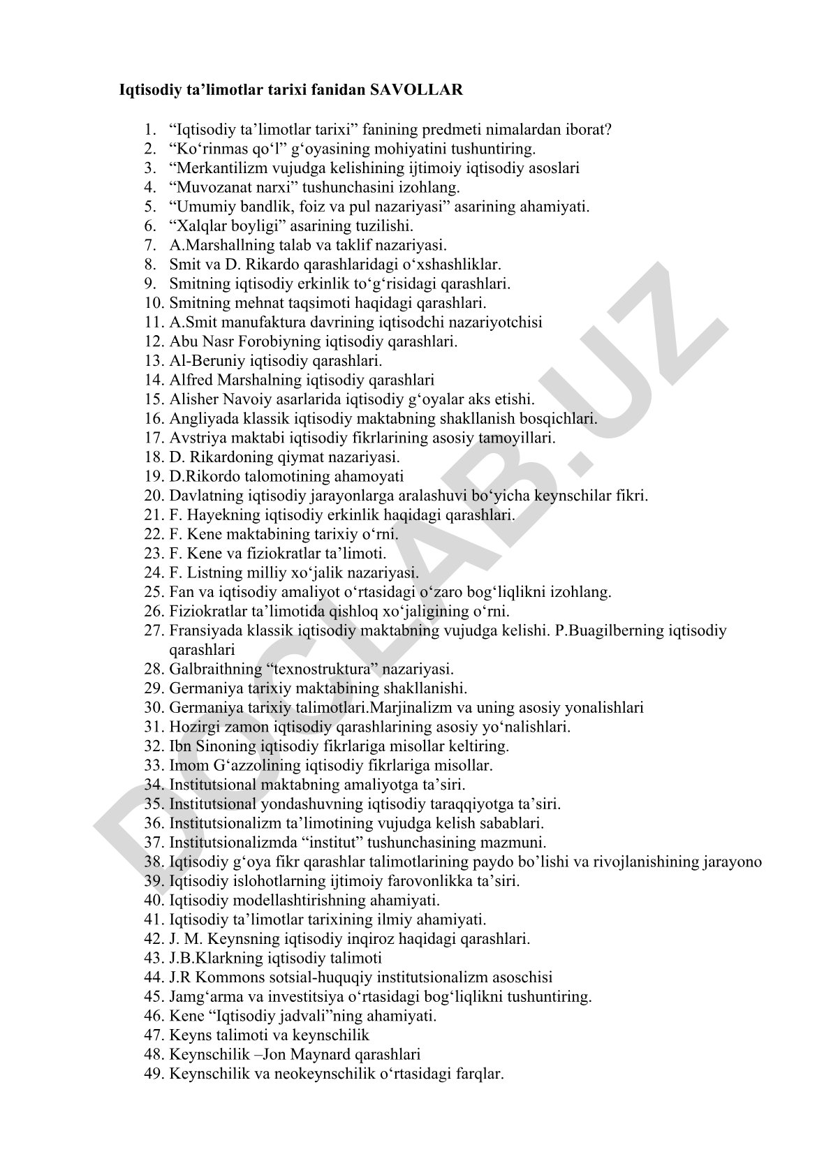 Iqtisodiy ta’limotlar tarixi fanidan savollar