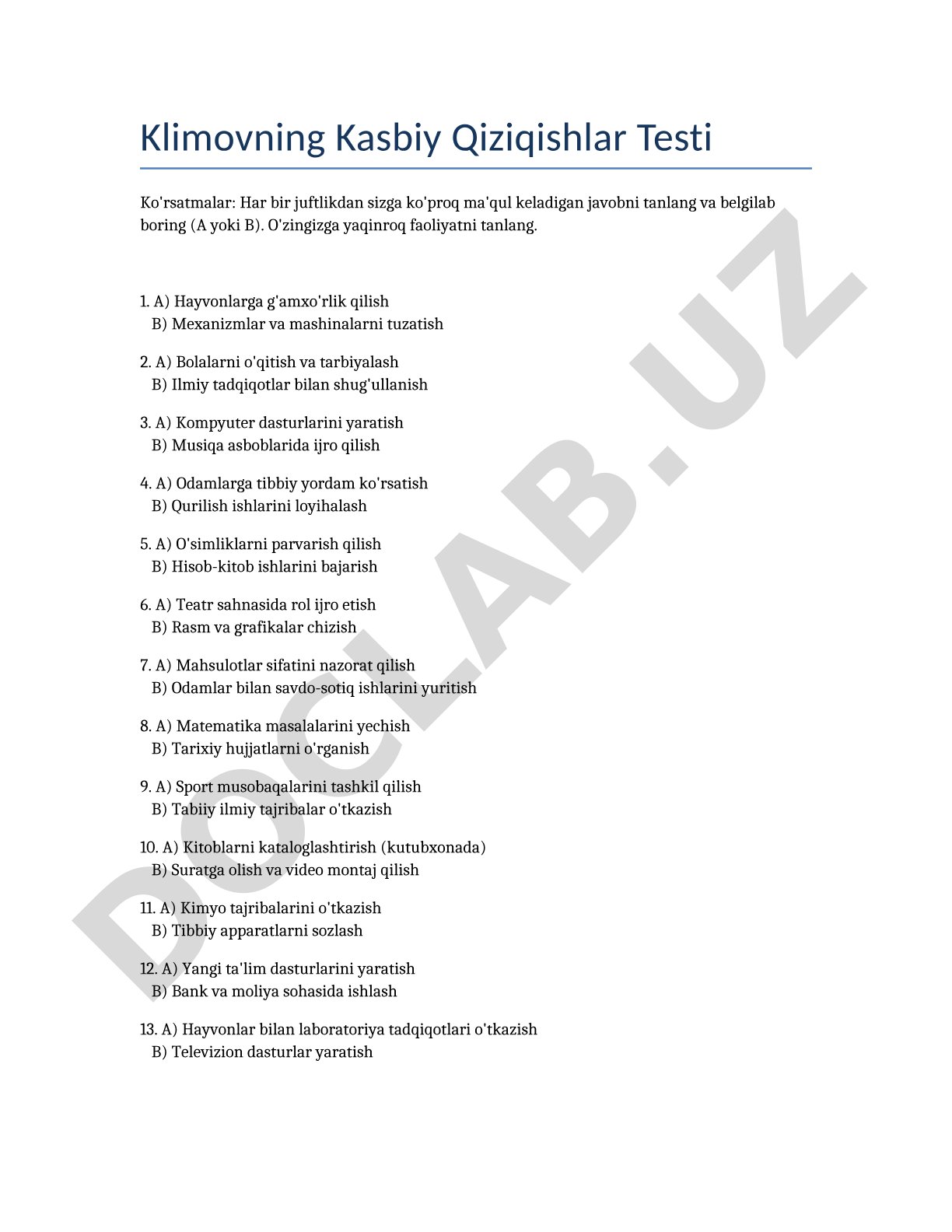 Klimovning Kasbiy Qiziqishlar Testi