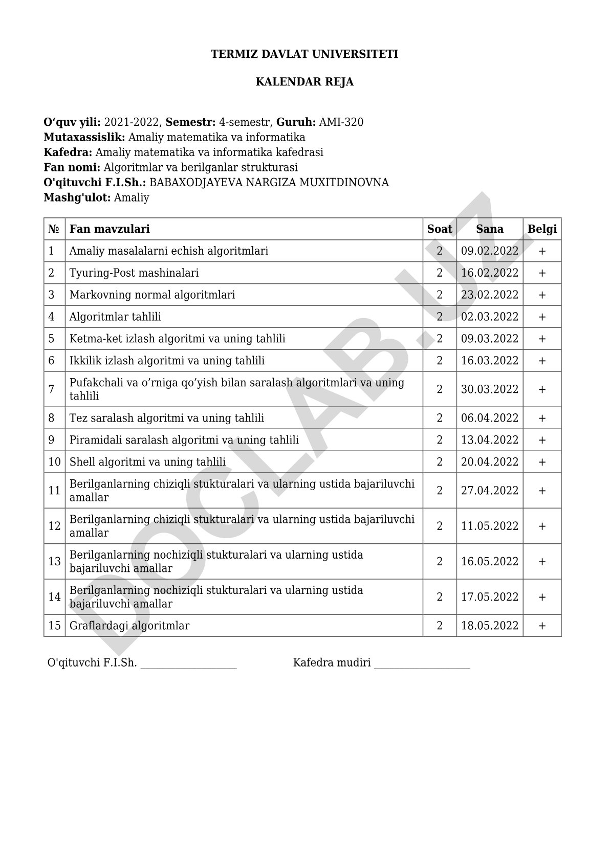 Algoritmlar va berilganlar strukturasi amaliy mashg'ulotlari kalendar rejasi