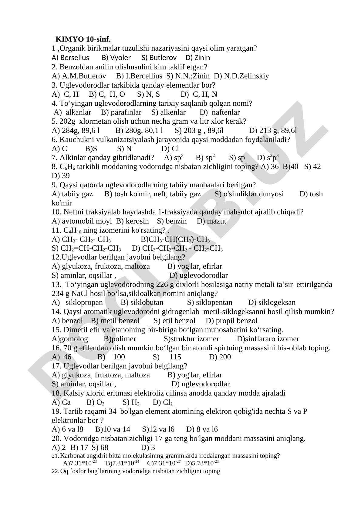 10-sinf kimyo fanidan organik birikmalar bo'yicha test savollari