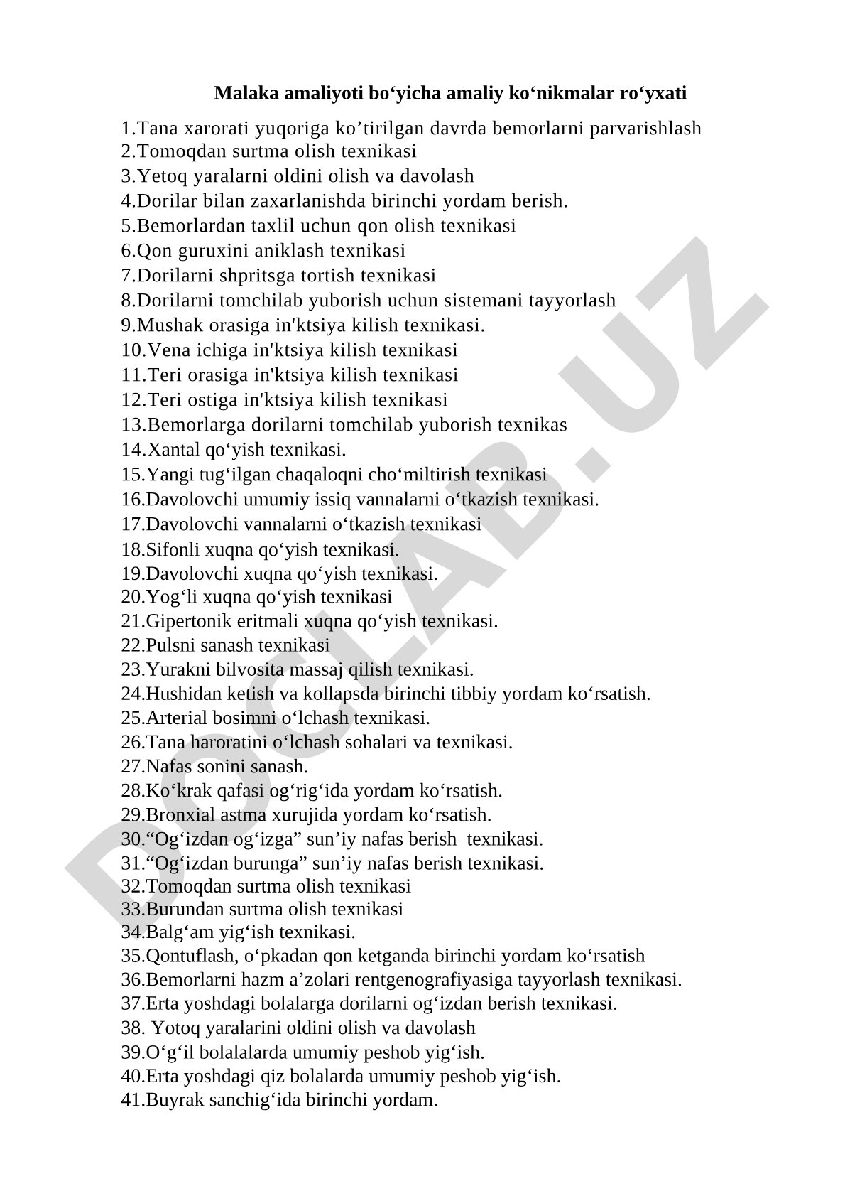 Malaka amaliyoti bo‘yicha amaliy ko‘nikmalar ro‘yxati