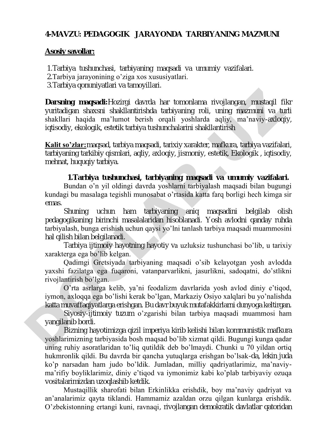Pedagogik jarayonda tarbiyaning mazmuni