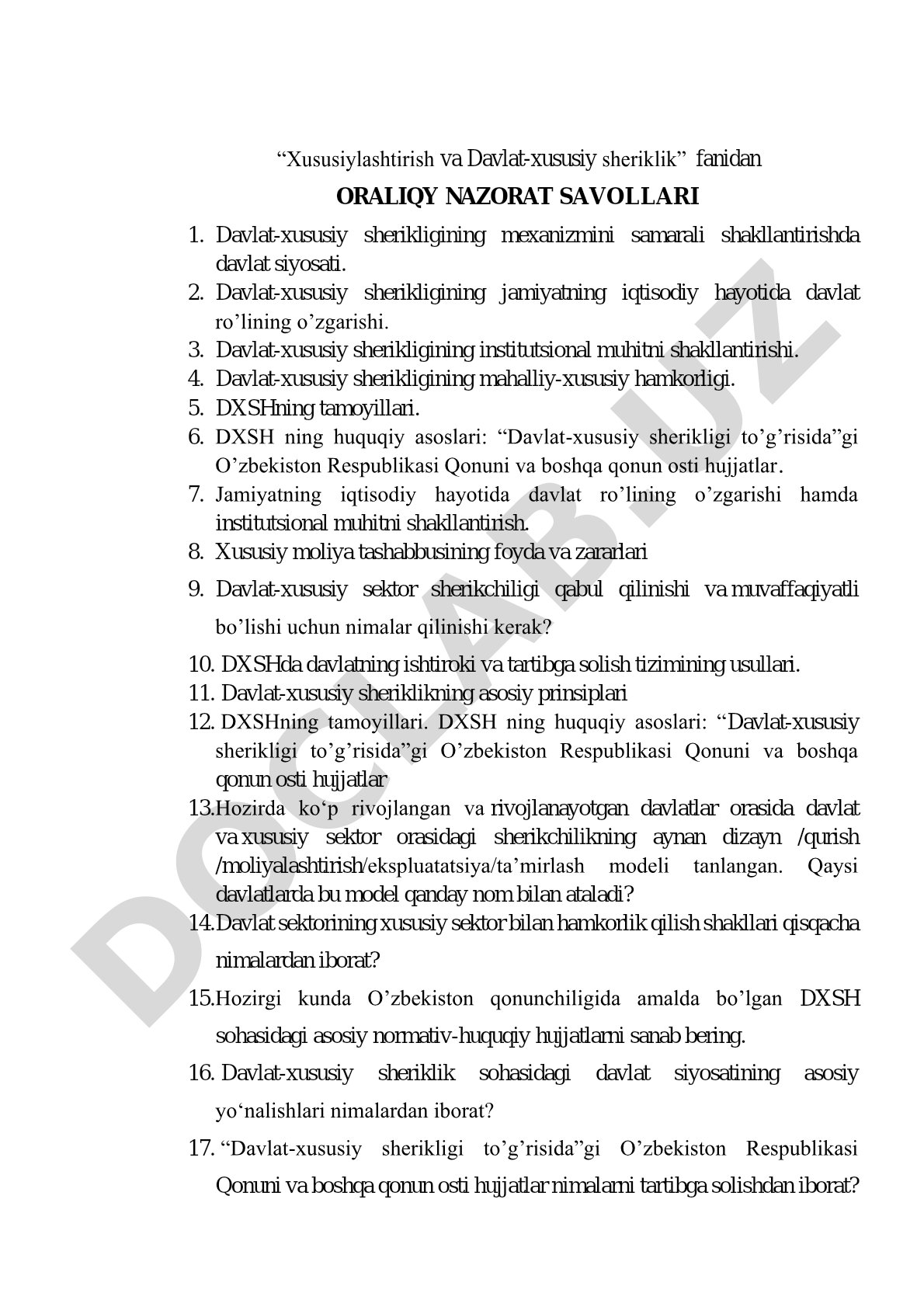 Xususiylashtirish va davlat-xususiy sheriklik fanidan oraliqy nazorat savollari