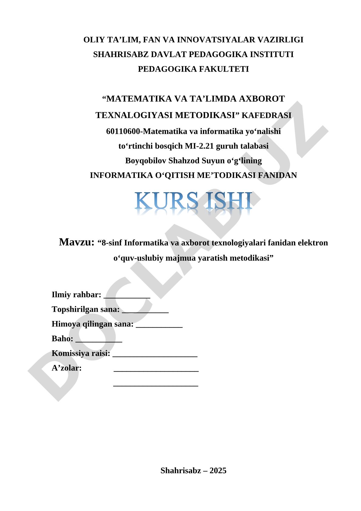 8-sinf Informatika va axborot texnologiyalari fanidan elektron o‘quv-uslubiy majmua yaratish metodikasi