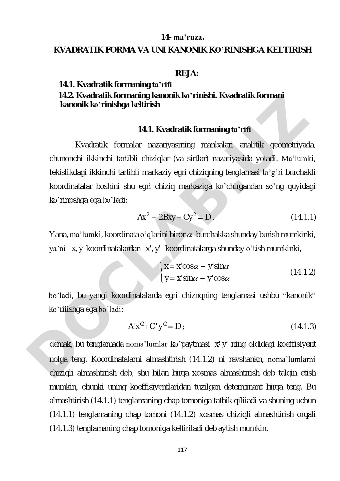 Kvadratik forma va uni kanonik ko'rinishga keltirish