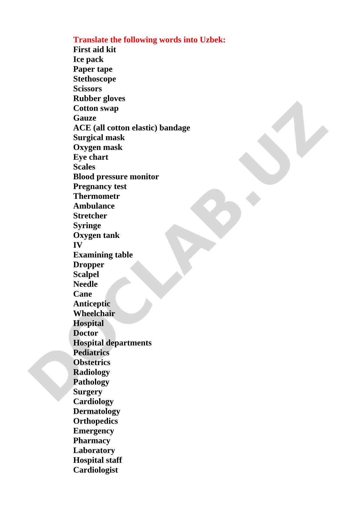 Medical English to Uzbek vocabulary list
