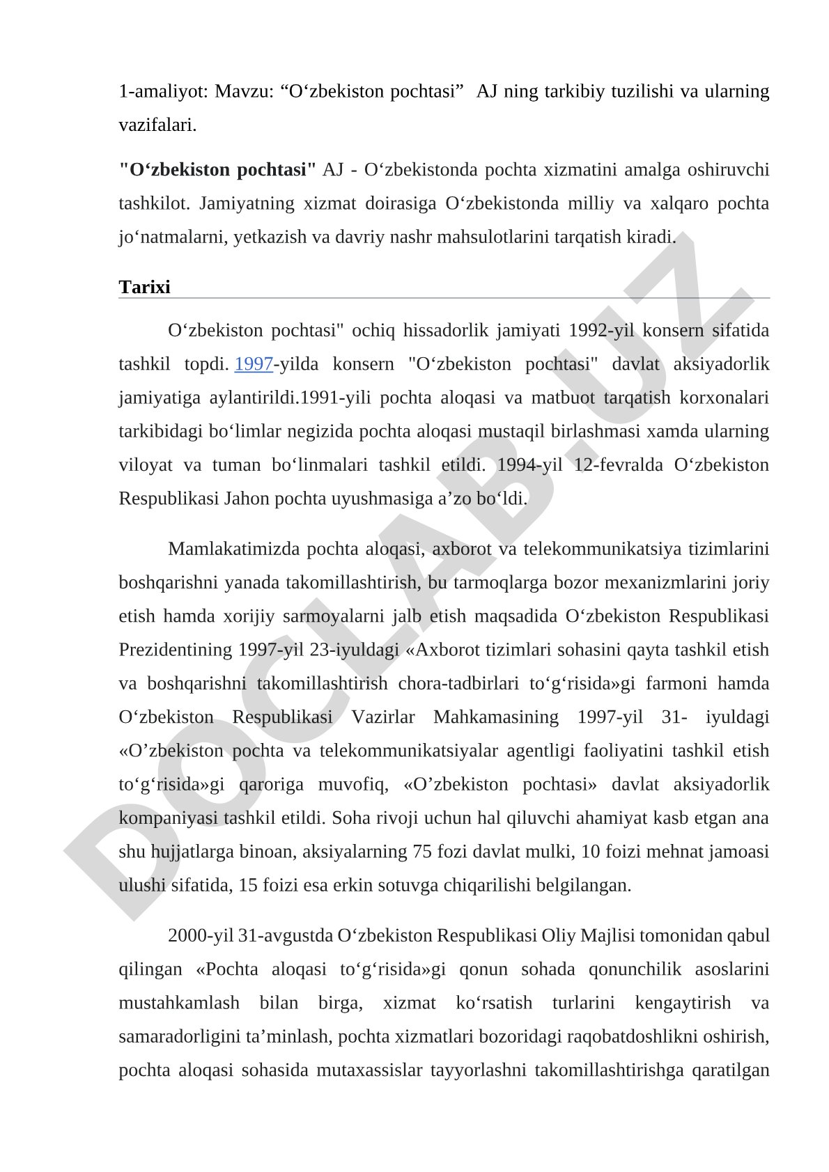 “O‘zbekiston pochtasi” AJ ning tarkibiy tuzilishi va ularning vazifalari