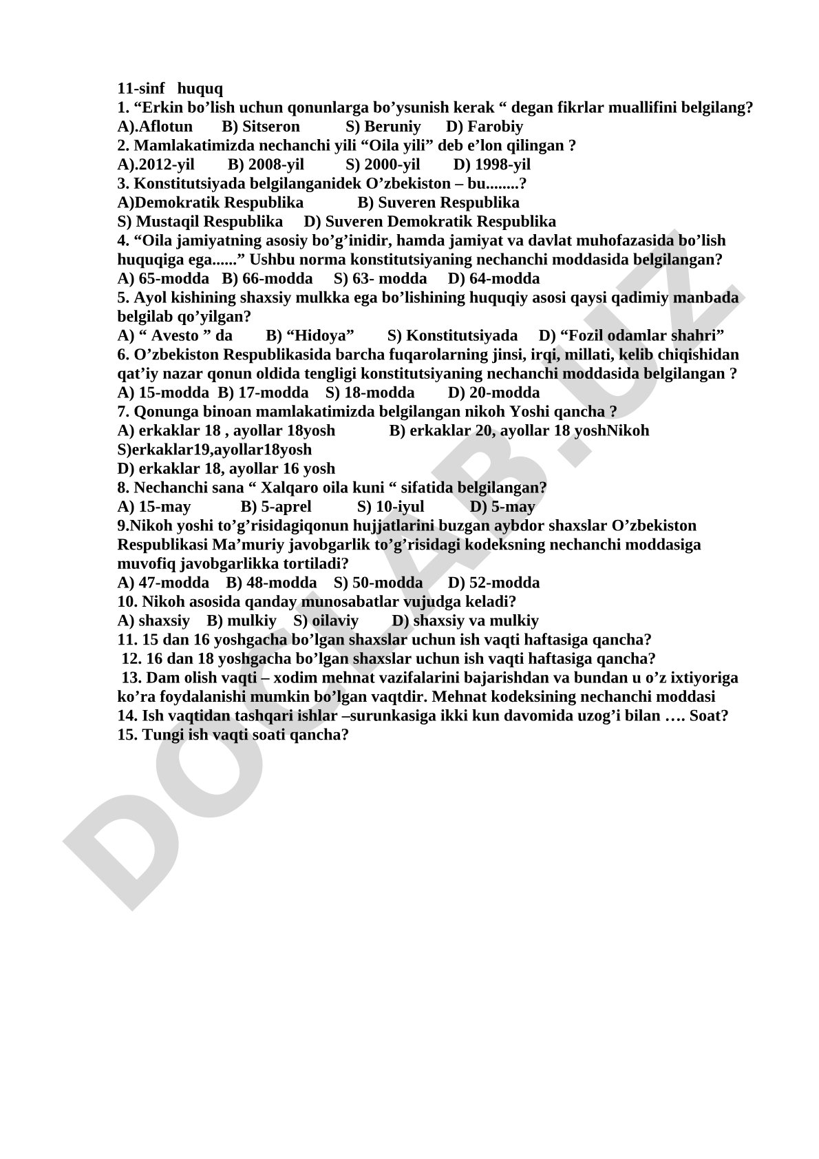 11-sinf huquq fanidan test savollari