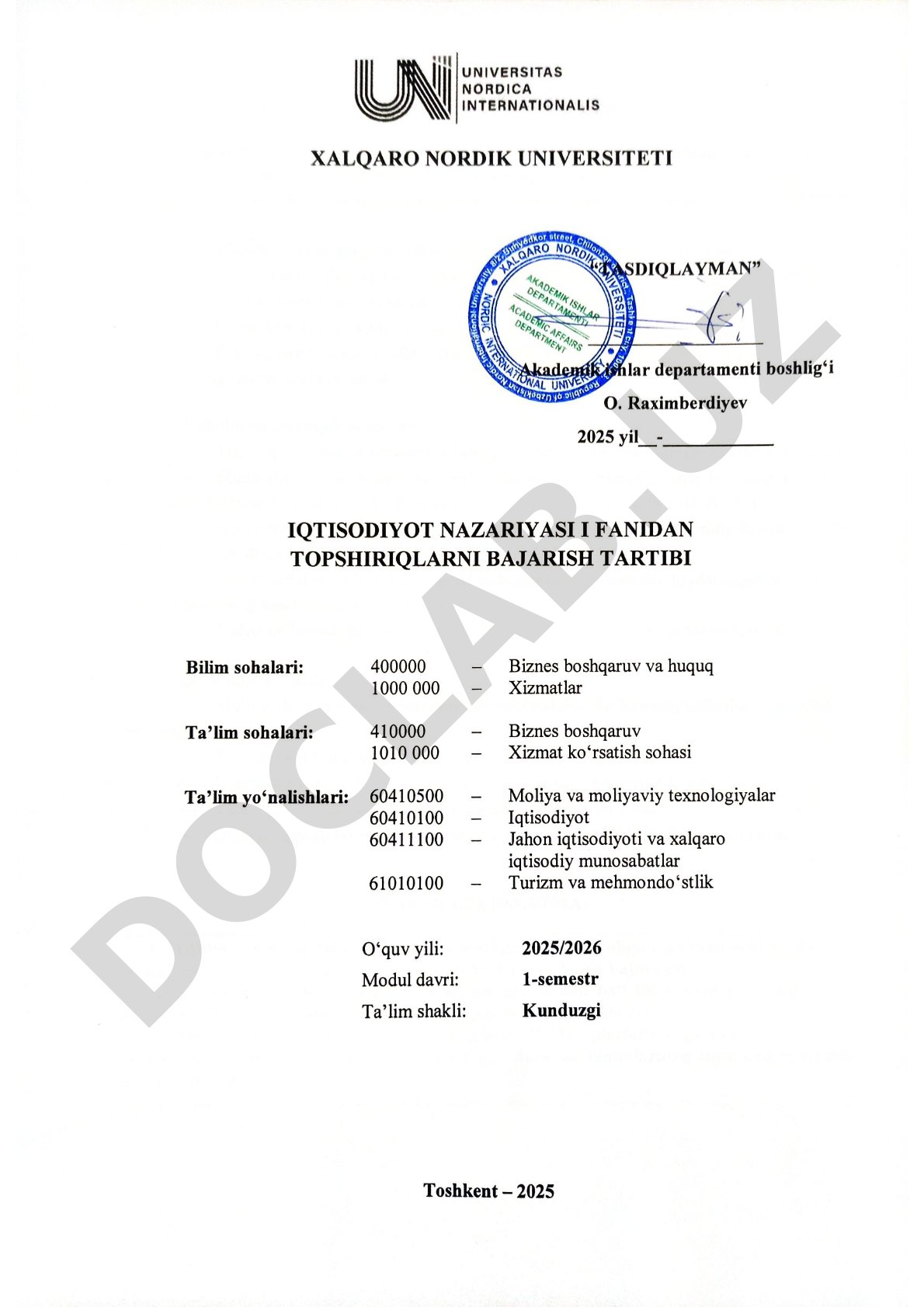 Iqtisodiyot nazariyasi I fanidan topshiriqlarni bajarish tartibi