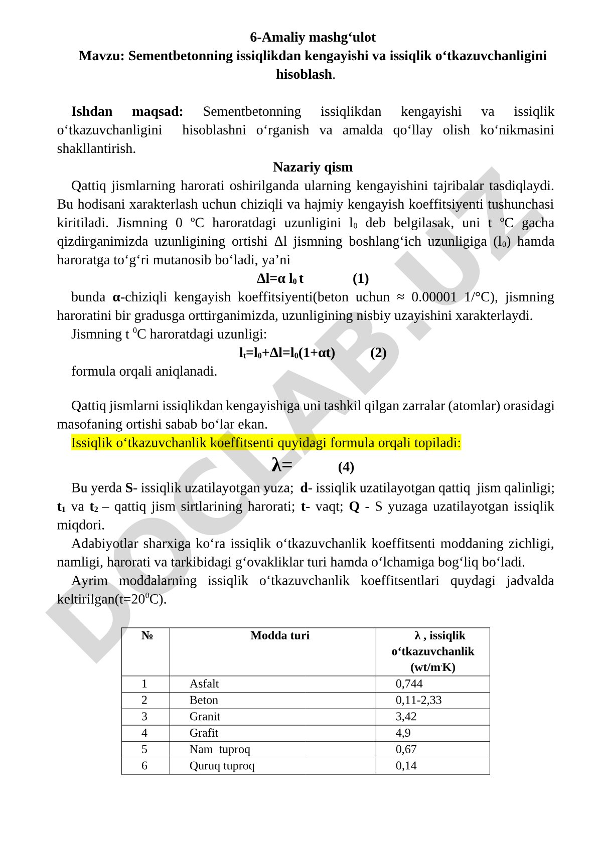 Sementbetonning issiqlikdan kengayishi va issiqlik o‘tkazuvchanligini hisoblash