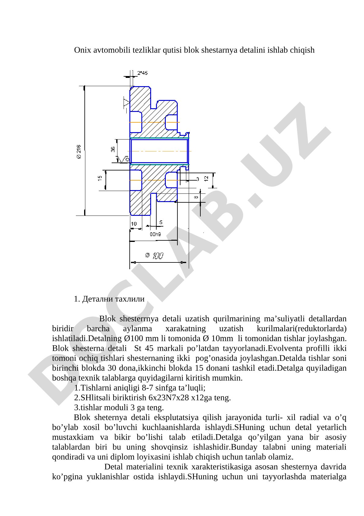 Onix avtomobili tezliklar qutisi blok shestarnya detalini ishlab chiqish