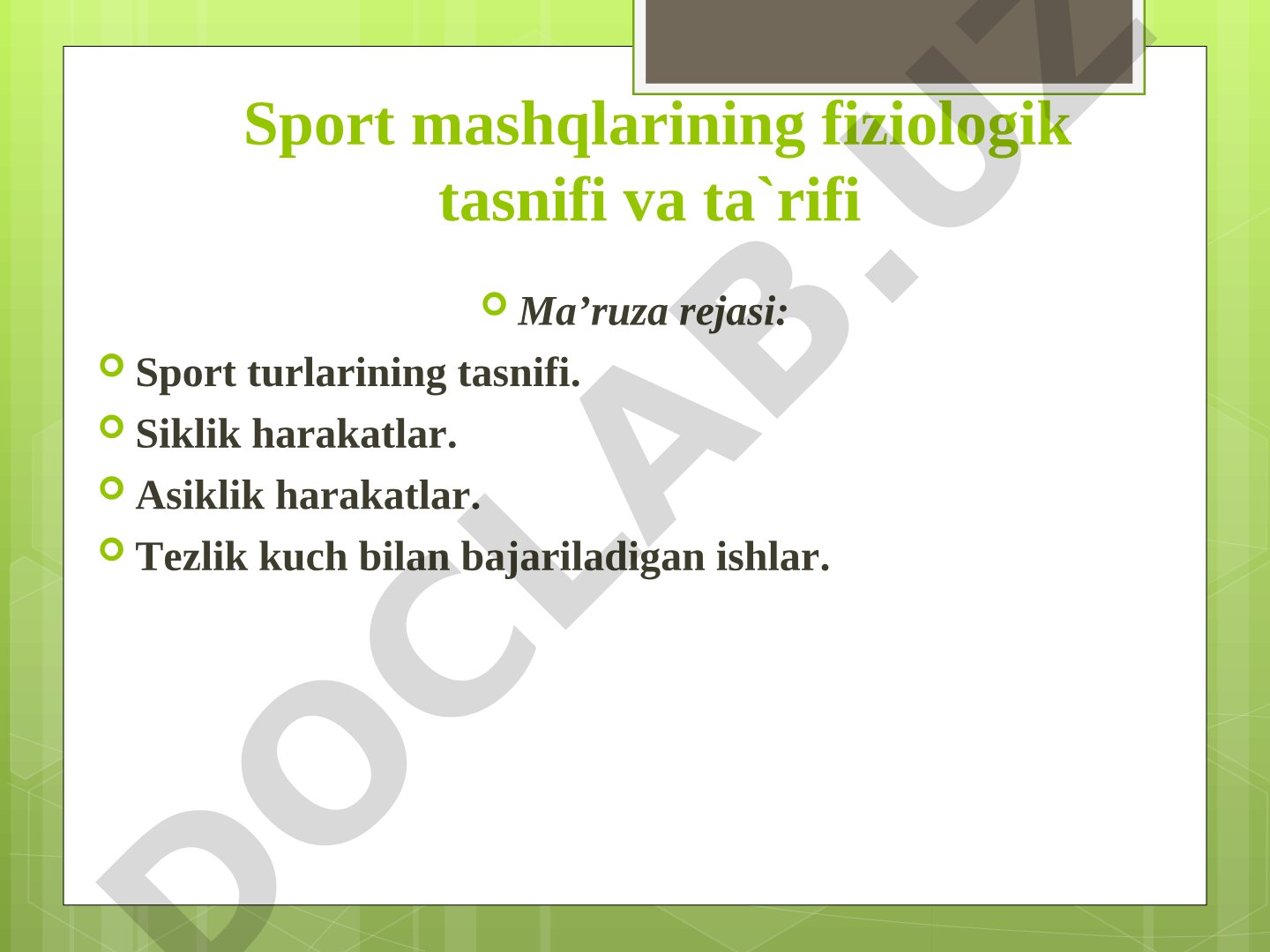 Sport mashqlarining fiziologik tasnifi va ta`rifi