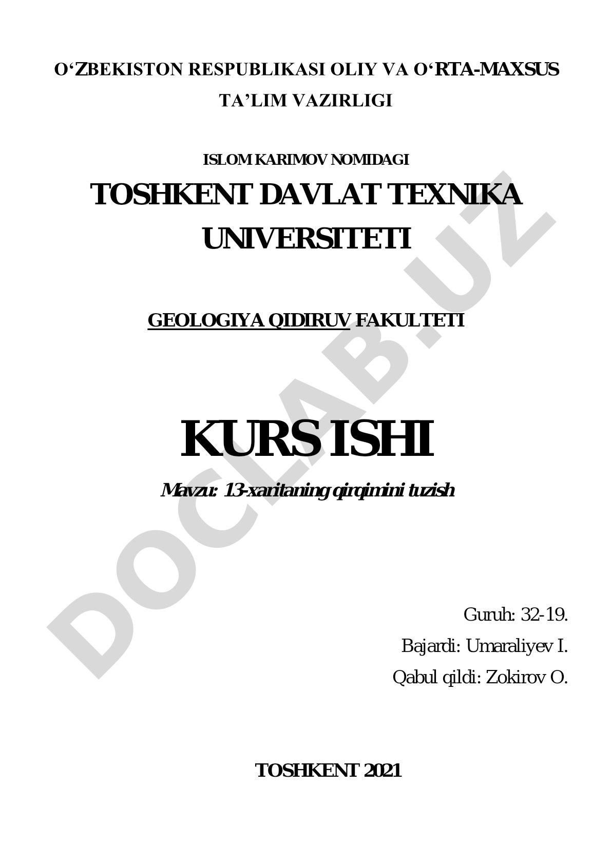 Kurs ishi: 13-xarita bo'yicha geologik qirqim tuzish metodikasi