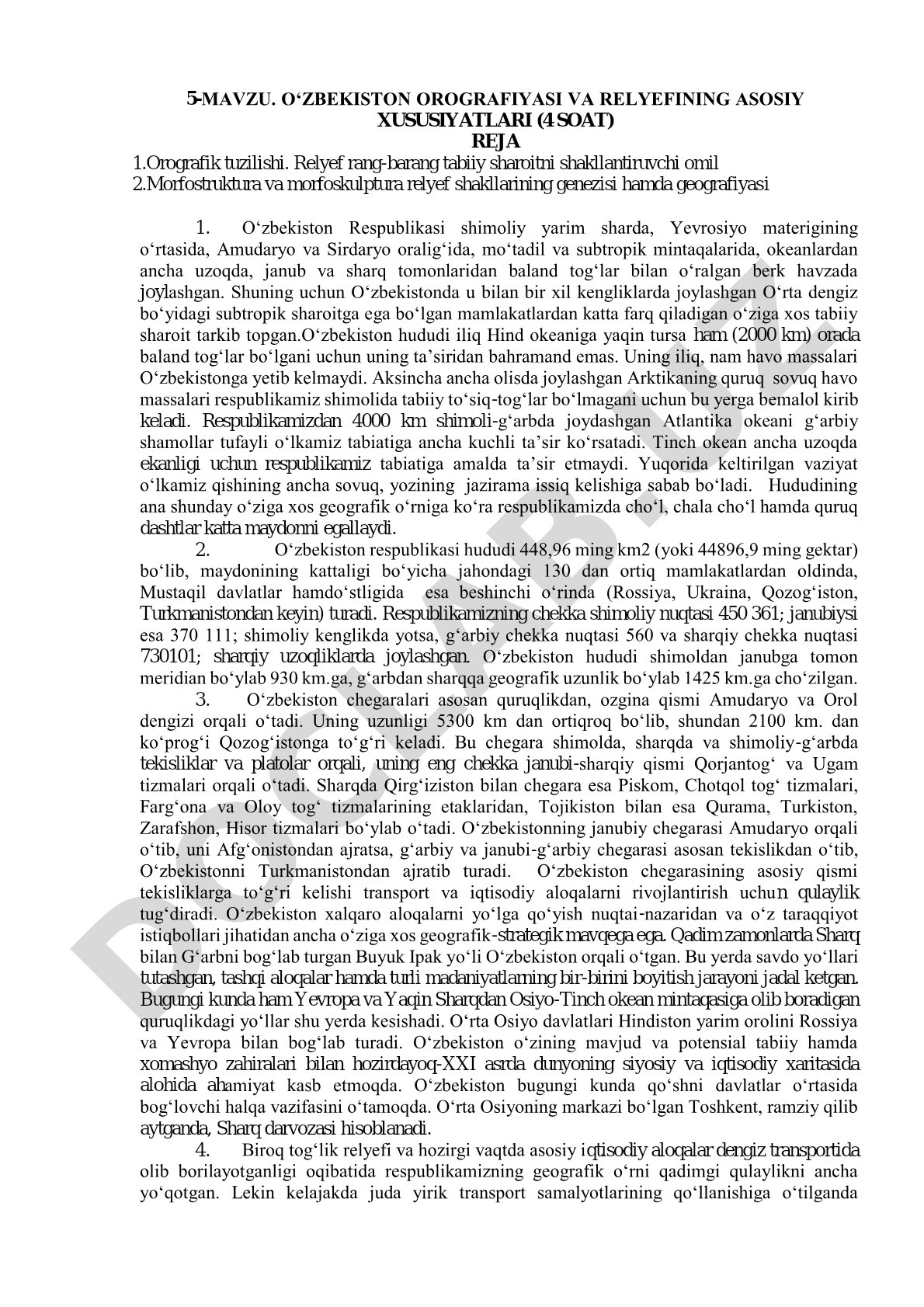 O‘ZBEKISTON OROGRAFIYASI VA RELYEFINING ASOSIY XUSUSIYATLARI