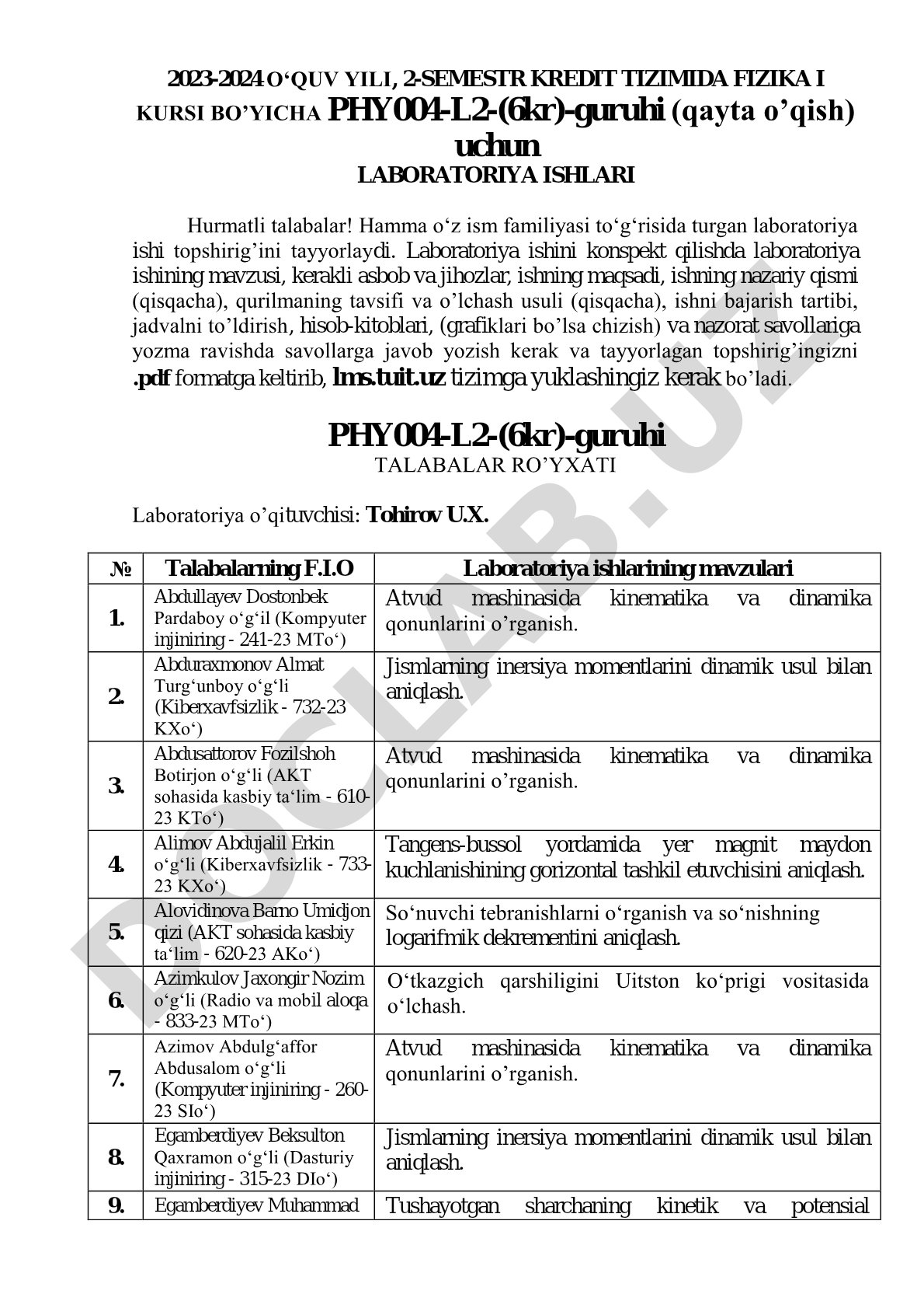 Fizika I kursi bo'yicha laboratoriya ishlari