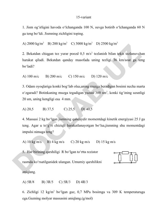 Fizika fanidan test savollari to'plami