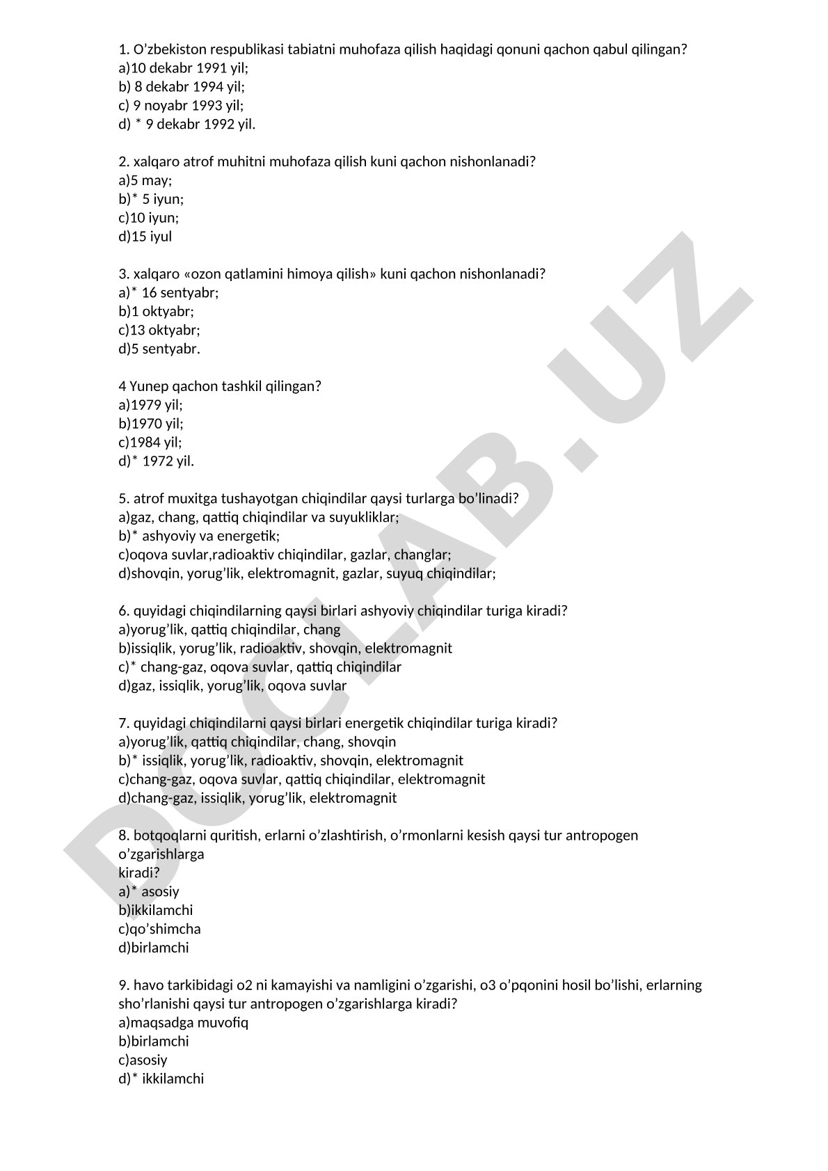 Tabiatni muhofaza qilish bo'yicha test savollari