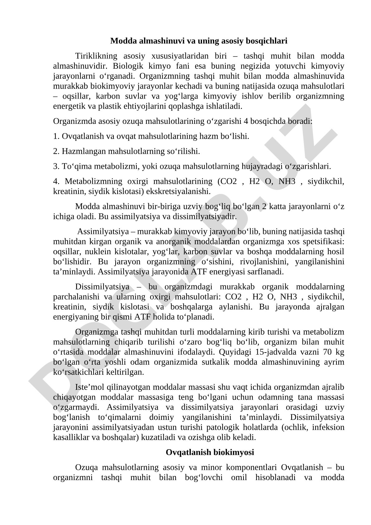 Modda almashinuvi va uning asosiy bosqichlari