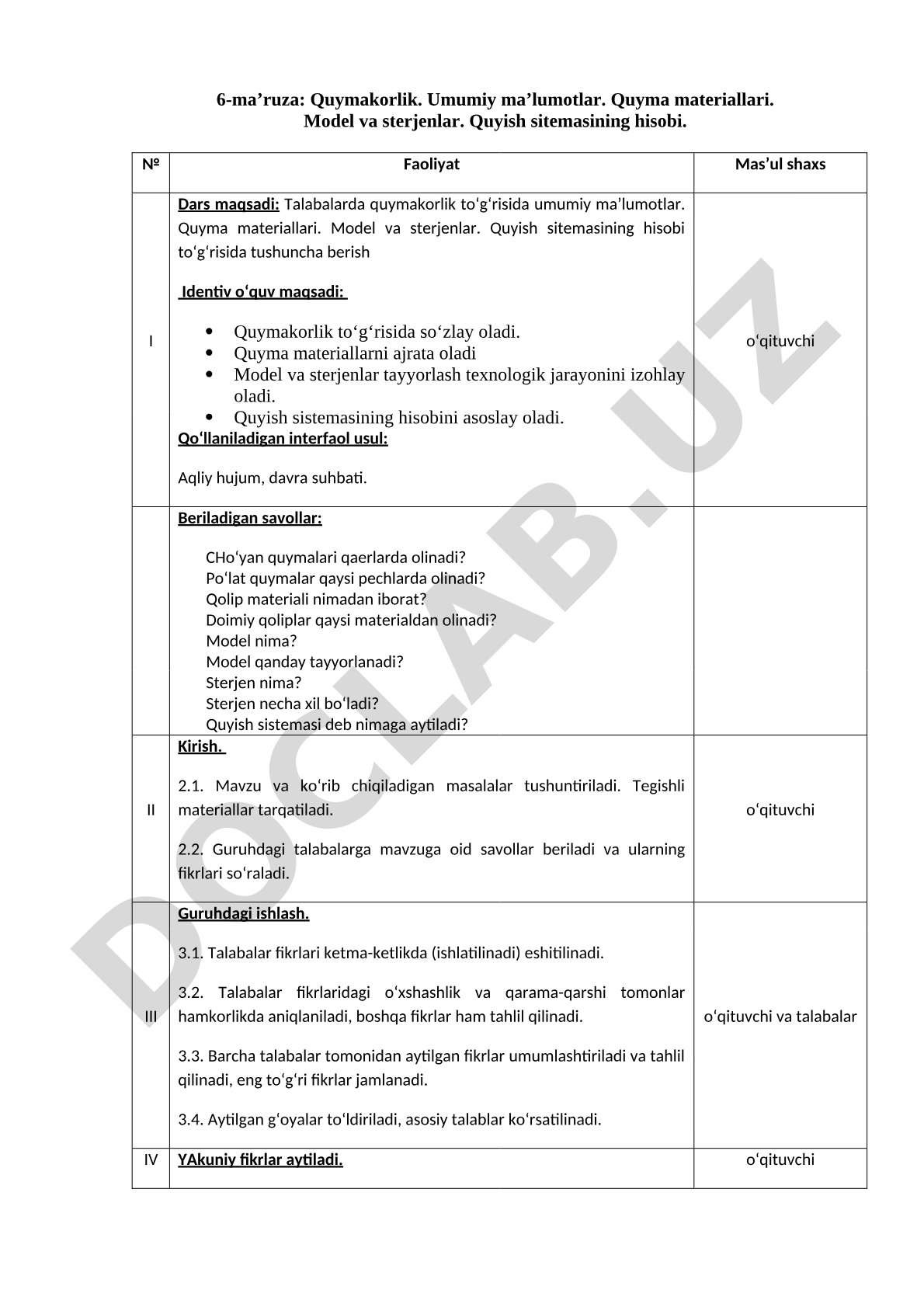 Quymakorlik. Umumiy ma’lumotlar. Quyma materiallari. Model va sterjenlar. Quyish sitemasining hisobi.