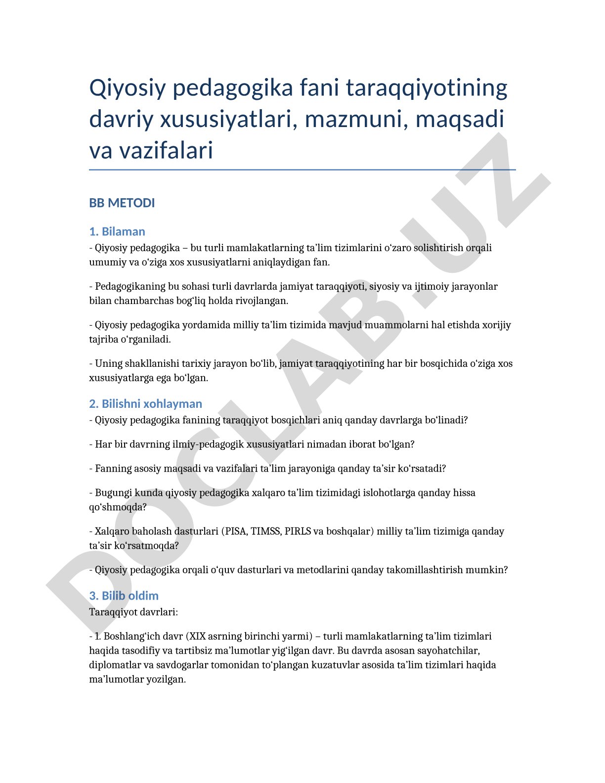 Qiyosiy pedagogika fani taraqqiyotining davriy xususiyatlari, mazmuni, maqsadi va vazifalari