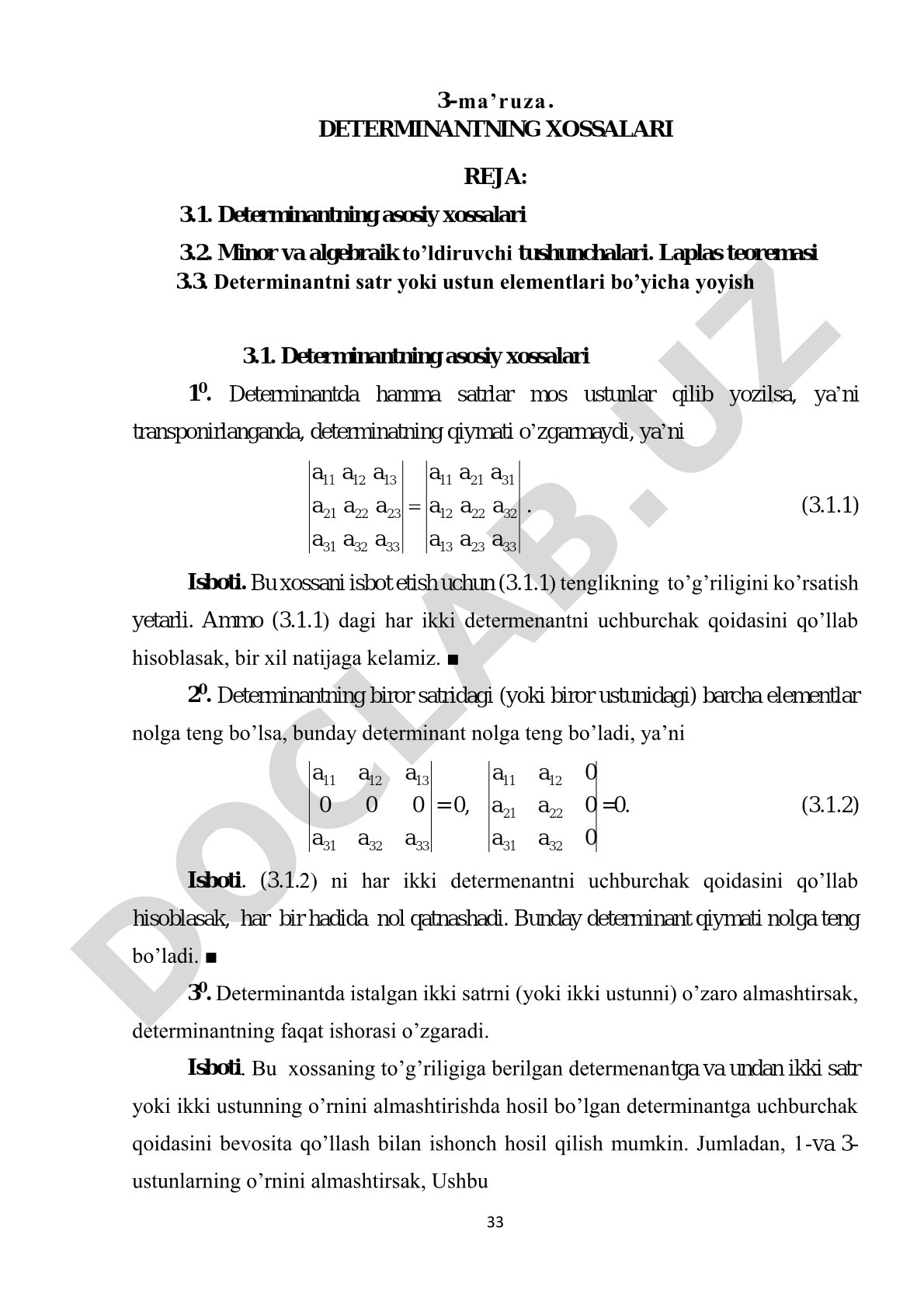 Determinant xossalari, minor va algebraik to’ldiruvchi, Laplas teoremasi, yoyish