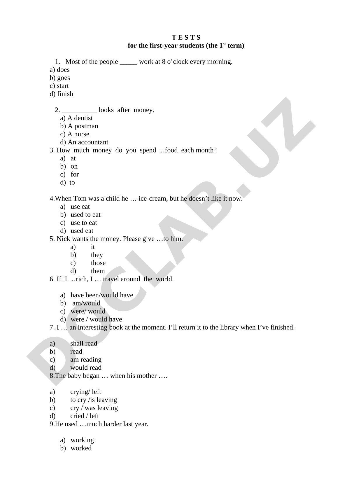 TESTS for the first-year students (the 1st term)