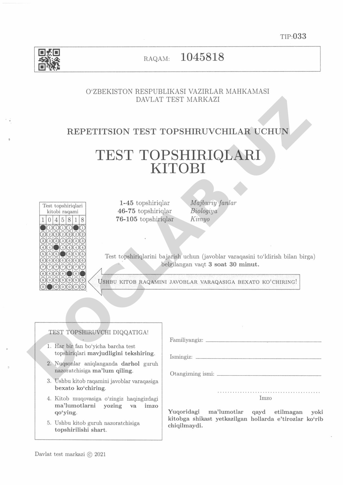 Biologiya va kimyo fanlaridan repetitsion test topshiriqlari