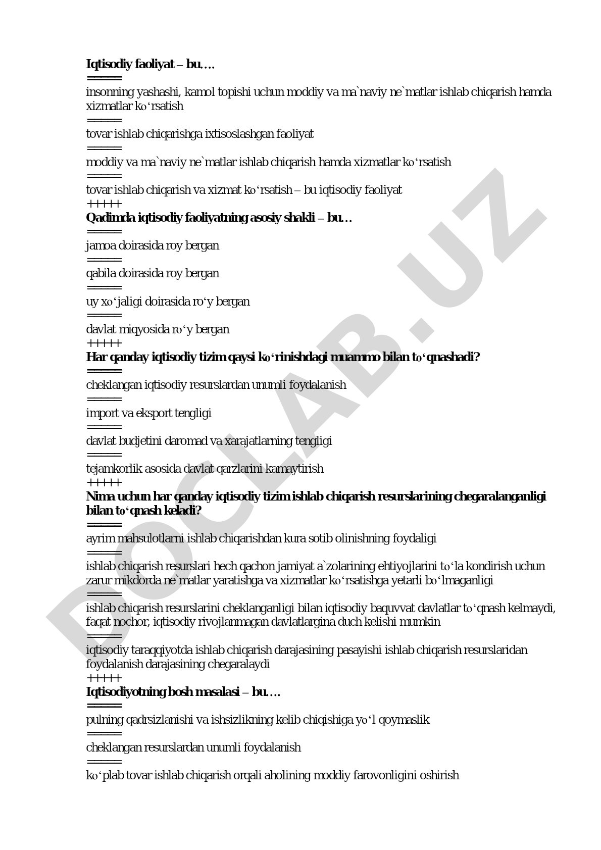 Iqtisodiy faoliyat tushunchasi va iqtisodiy tizim muammolari