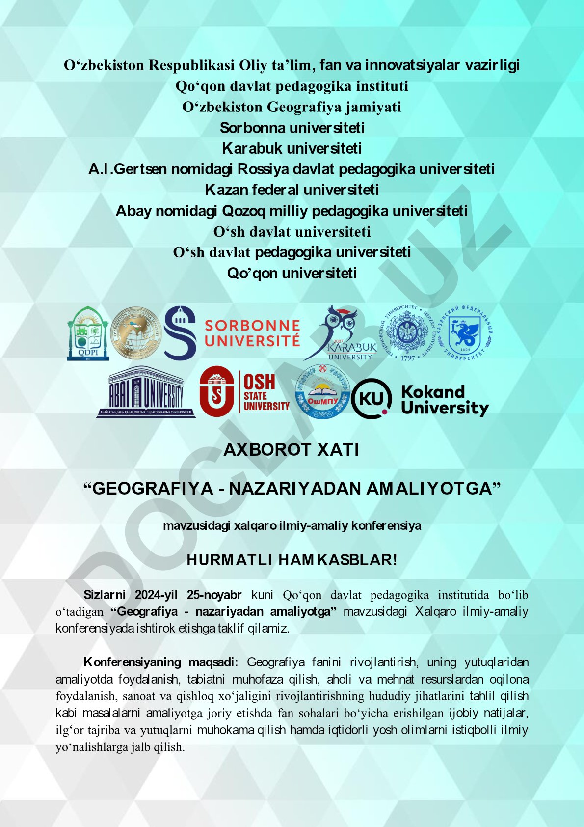 Geografiya - nazariyadan amaliyotga mavzusidagi xalqaro ilmiy-amaliy konferensiya