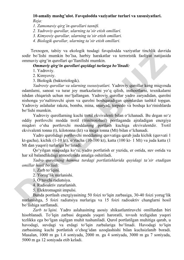 Favqulodda vaziyatlar turlari va xususiyatlari