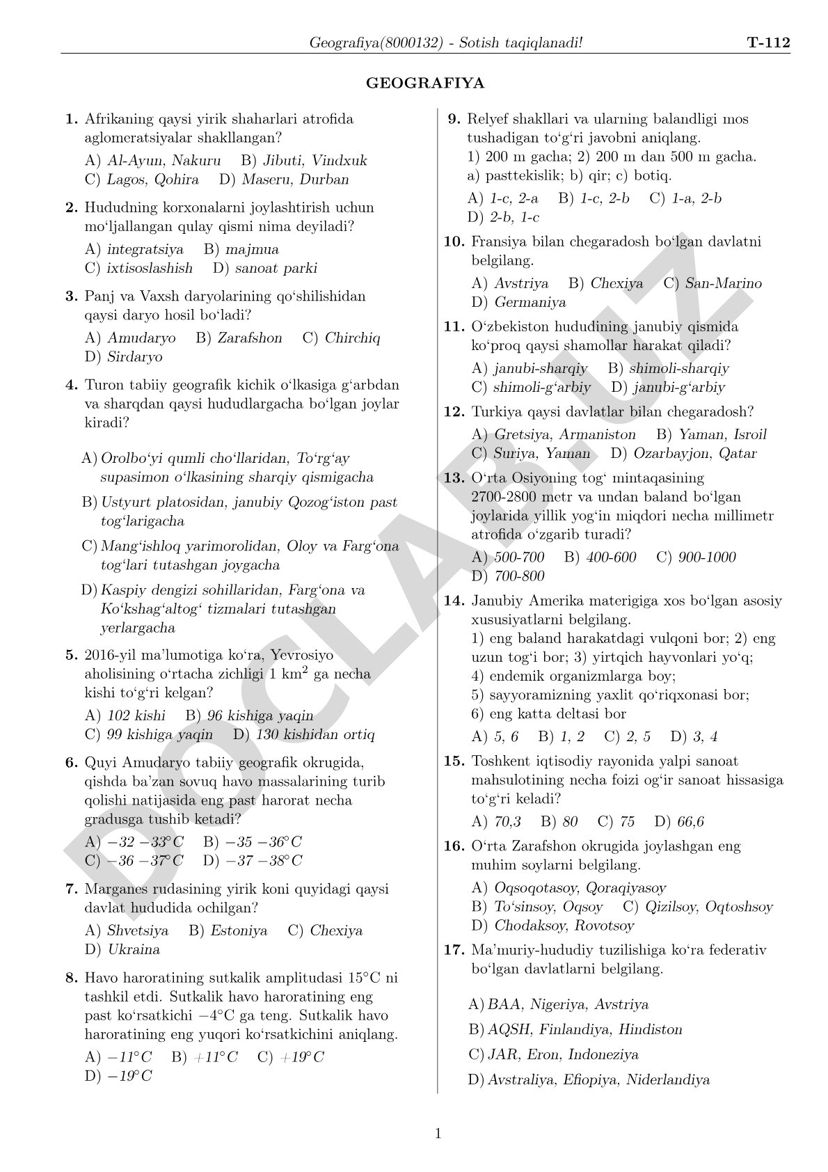Geografiya fanidan test savollari