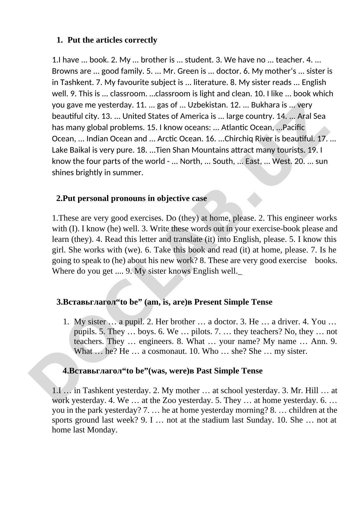 Articles and Personal Pronouns Exercises