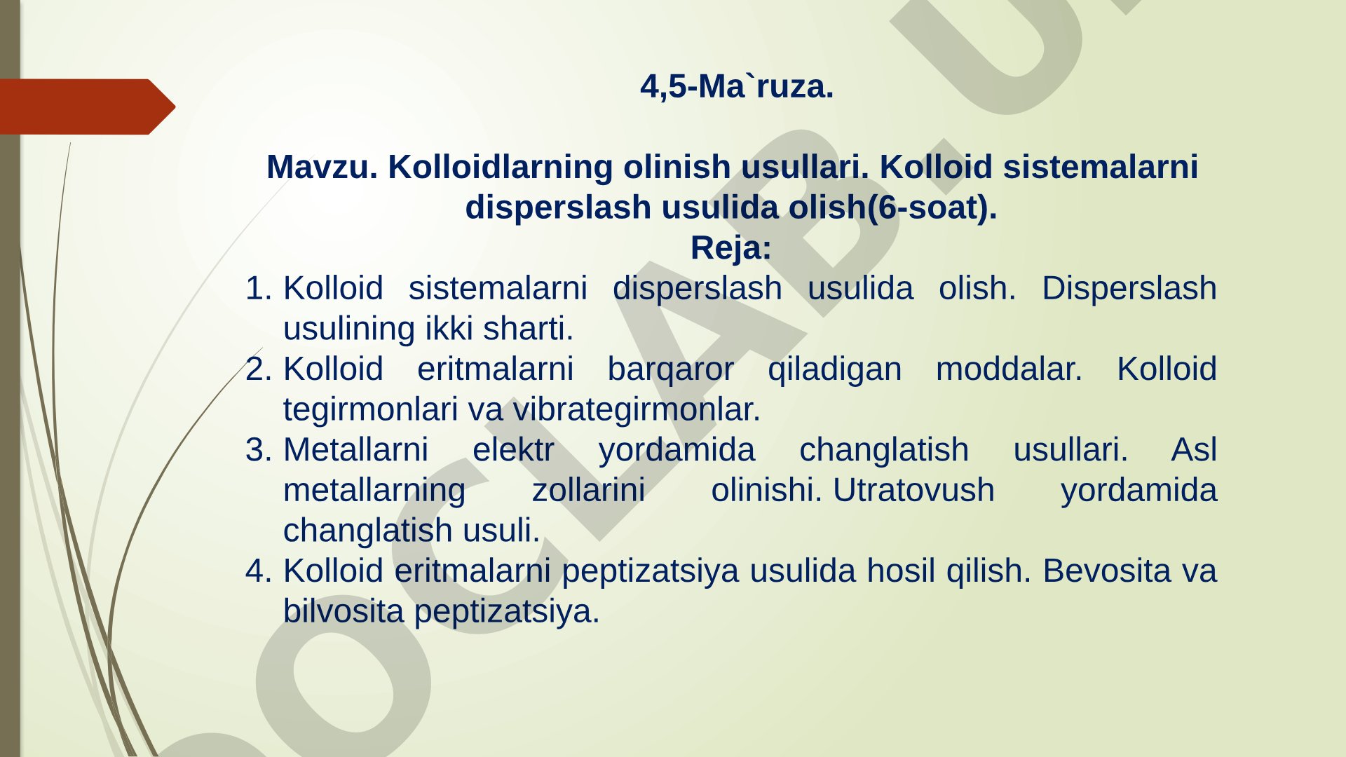 Kolloidlarni disperslash, peptizatsiya va kondensatlash usullari yoritilgan