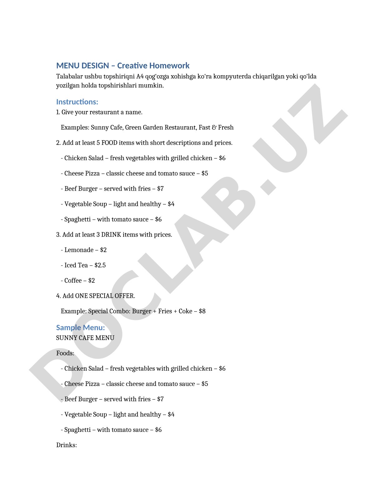 Menu Design – Creative Homework