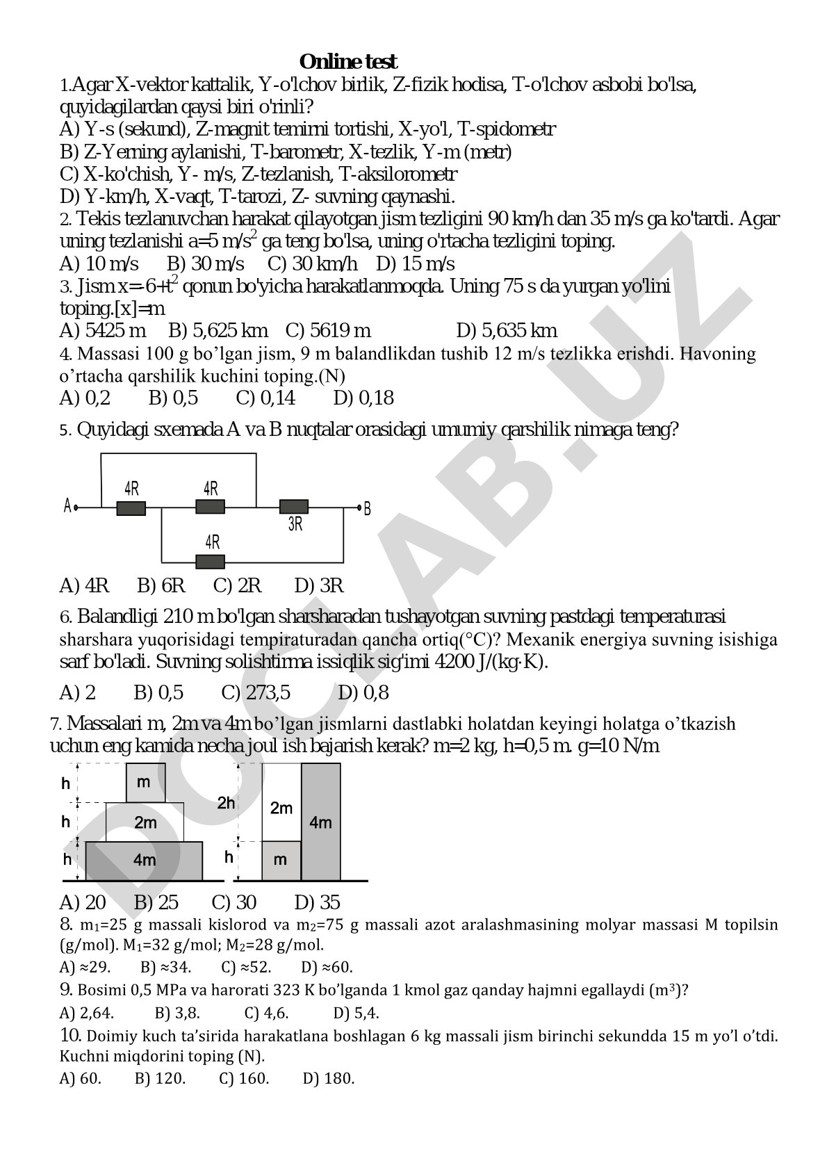 Fizika fanidan test savollari to'plami