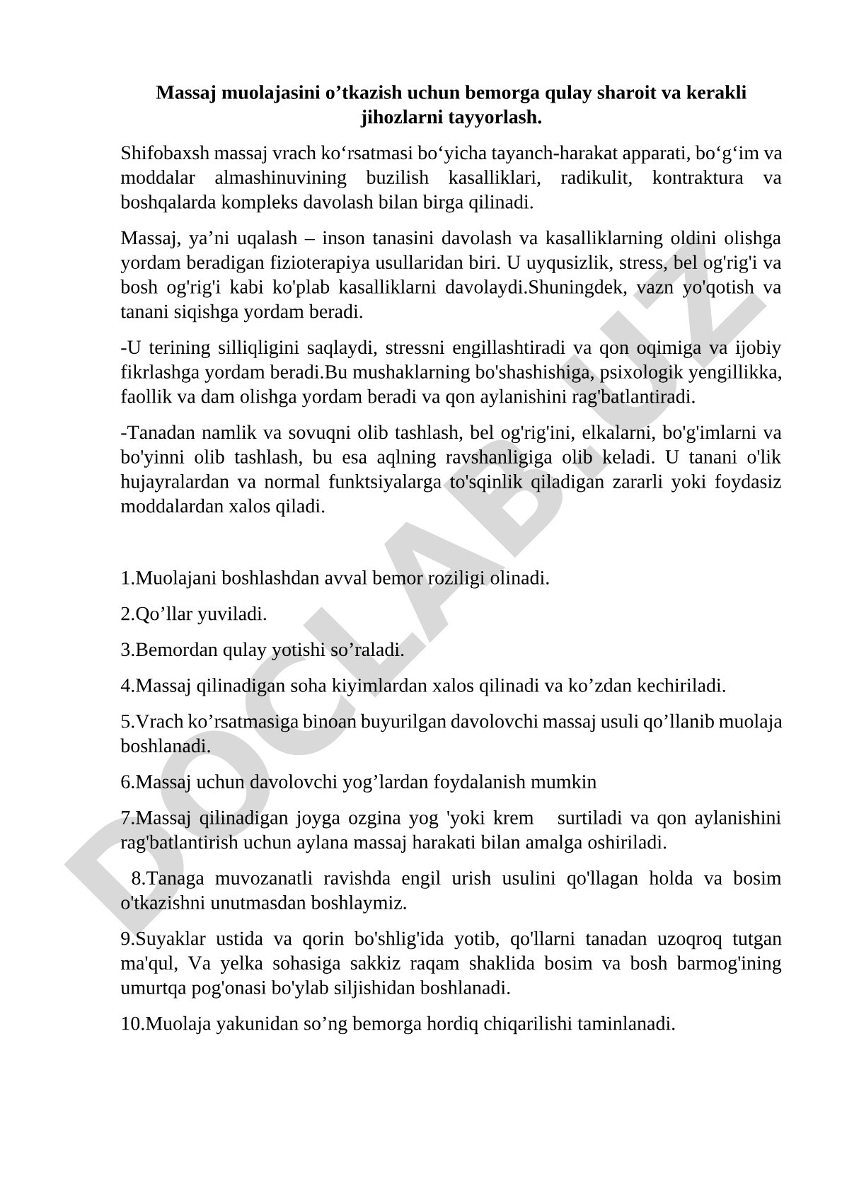 Massaj muolajasini o'tkazish uchun tayyorgarlik va shifobaxsh massajning ahamiyati
