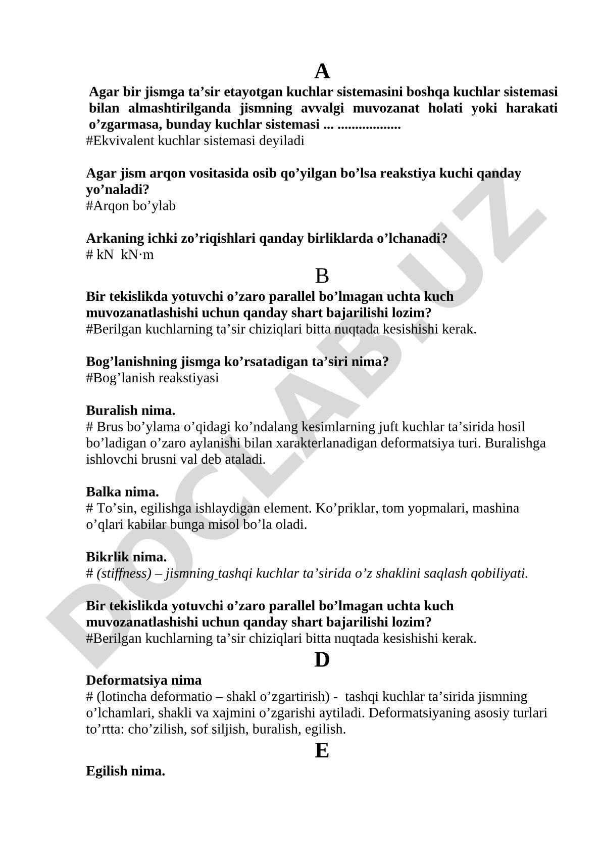 Mexanika: kuchlar sistemasi va deformatsiya turlari