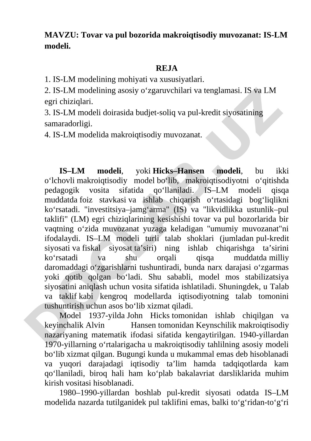 Tovar va pul bozorida makroiqtisodiy muvozanat: IS-LM modeli